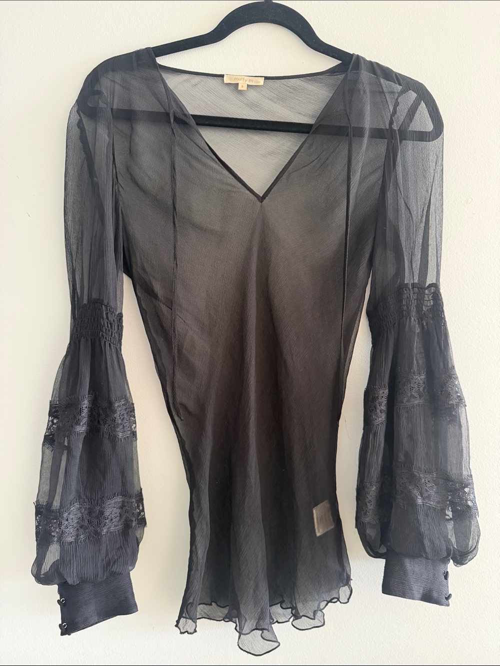 matty m Sheer Black V-Neck Bell Sleeve Top